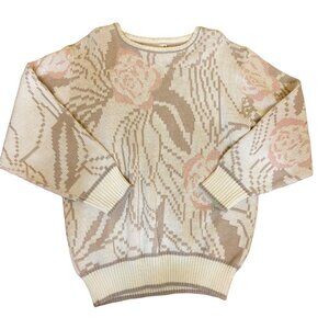 Vintage Knitmakers Floral Pattern Sweater With Ribbed Hem & Cuffs Beige Pink Ton